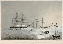 a colored engraving of two ships stuck in the ice with sailors working on the surrounding ice.