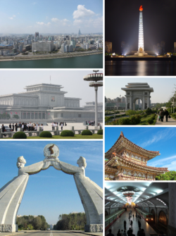 משמאל למעלה: מבט על העיר, מגדל ג'וצ'ה, ארמון השמש קומסוסאן, שער הניצחון, קשת האיחוד, המצבה של דונגמיונג והמטרו של פיונגיאנג