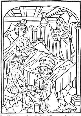 Sifilisaj pacientoj traktitaj de kuracistoj (bildo de 1496)