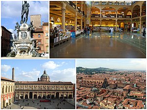 Các công trình nổi bật của Bologna: Fontana del Nettuno, the Public Library, Piazza Maggiore và cảnh nhìn từ trên cao.