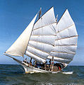 The bedar Naga Pelangi at 6 knots beating to windward off the coast of Terengganu, 1998