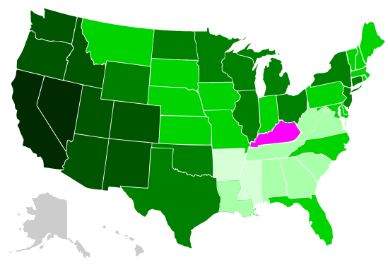 A map showing the change in the total Black population (in percent) between 1900 and 1990 by U.S. state. Light purple = Population decline Very light green = Population growth of 0.1–9.9% Light green = Population growth of 10.0–99.9% Green = Population growth of 100.0–999.9% Dark green = Population growth of 1,000.0–9,999.9% Very dark green (or Black) = Population growth of 10,000.0% or more Gray = No data available