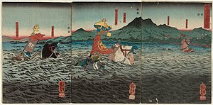 Kajiwara Kagesue, Sasaki Takatsuna, and Hatakeyama Shigetada racing to cross the Uji River before the second battle of Uji during the Genpei War[9]