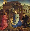Nativity by Rogier van der Weyden, 1446. St Joseph wears a small unevolved chaperon, pulled back off the head. The richly dressed donor has his evolved chaperon hanging behind him, with a large bourrelet and the long cornette trailing on the ground above his feet.