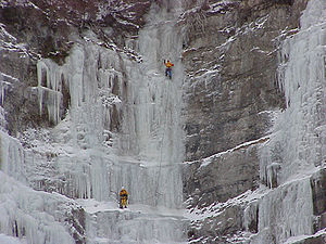Climbers on the frozen falls, 2003.