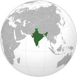 Area controlled by India shown in dark green; regions claimed but not controlled shown in light green