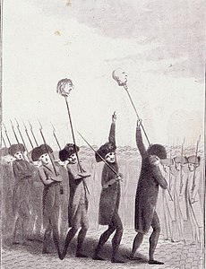 举着巴士底狱长洛内侯爵和巴黎商会会长雅克·德·弗莱塞勒的头的游行(1789年7月14日)
