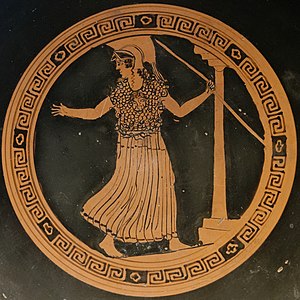 Attisk rødfigur kylix av Athene Promachos som holder et spyd og står ved siden av en dorisk søyle (ca. 500-490 f.Kr.)