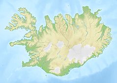 Mapa konturowa Islandii, na dole po lewej znajduje się czarny trójkącik z opisem „Fagradalsfjall”