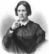 Portrait dessiné noir et blanc, en buste d'une femme blanche aux cheveux frisottés, une main contre son cou, toilette sombre et collier dentelle blanche