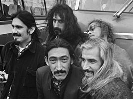The Mothers of Invention touring Europe in 1968. Back row: Roy Estrada, Frank Zappa, Don Preston. Front row: Jimmy Carl Black, Bunk Gardner.