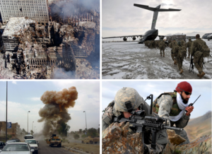 Clockwise from top left: Aftermath of the September 11 attacks; U.S. servicemen boarding an aircraft at Bagram Airfield, Afghanistan; an American soldier and Afghan interpreter in Zabul Province, Afghanistan; explosion of a car bomb in Baghdad