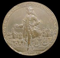 English medal commemorating the British destruction of the forts at Cartagena. Vernon is depicted pointing at the city. The medal says "Admiral Vernon veiwing the town of Carthagana" [sic]. The obverse has the inscription "The forts of Carthagena destroyd by Adm Vernon". Naval Museum of Madrid.