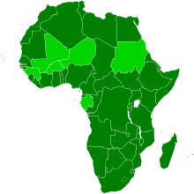 An orthographic projection of the world, highlighting the African Union and its member states (green).