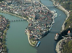 Näkymä Passauhun Tonavan, Innin ja Ilzin yhtymäkohdassa