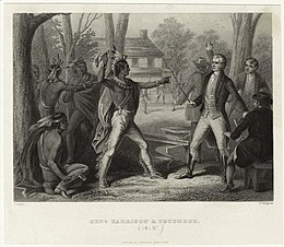 Tecumseh and Harrison facing each other with weapons drawn