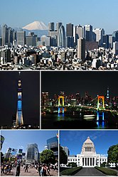 Von oben nach unten (links nach rechts): Wolkenkratzer von Shinjuku und Fuji-san, Tokyo Skytree, Rainbow Bridge und Akasaka im Hintergrund, Shibuya, Parlamentsgebäude