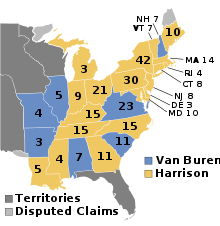 Map of the U.S. as it was in 1840, with electoral votes shown