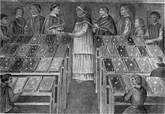 Fig. 9. Interior of the Library of Sixtus IV, as shewn in the fresco ion the Hospital of Santo Spirito, Rome
