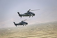 Two attack helicopters in the air