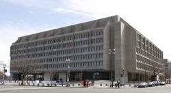 Looking at a Modernist federal office building from the northeast