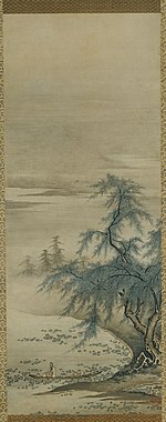 Tall and narrow painting with a tree and a lake covered with lotus flowers in the lower half. A boat with a man is floating on the lake.