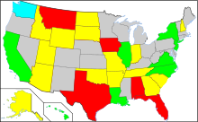 Map showing (1) California, Hawaii, Illinois, Louisiana, New Jersey, New York, North Carolina, Delaware and Virginia have implemented COVID-19 vaccine passports; (2) Alabama, Arizona, Florida, Idaho, Indiana, Iowa, Montana, North Dakota, South Carolina, South Dakota, Texas, and Wyoming have banned COVID-19 passports; (3) that Alaska, Arkansas, Georgia, Missouri, New Hampshire, Oklahoma, Tennessee, and Utah have partially banned COVID-19 vaccine passports; (4) that Washington has a significant locality that has implemented a COVID-19 passport