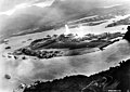 View from a Japanese plane of Battleship Row at the beginning of the attack on Pearl Harbor