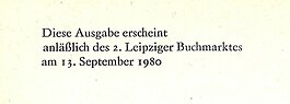 Zudrucke zur 2. Buchmarkt­ausgabe 1980 (Brecht: Freundlichkeit der Welt, IB 907/1B) mit Text und zur 3. Buchmarkt­ausgabe 1981 (Afrikanische Goldgewichte, IB 1040/1) mit Text und Logo
