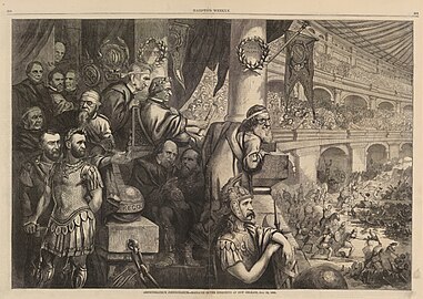 Amphitheatrum Johnsonianum – Massacre of the Innocents at New Orleans – July 30, 1866 (Harper's Weekly, September 8, 1866) has been called "one of the most important cartoons that Thomas Nast ever drew."[28]