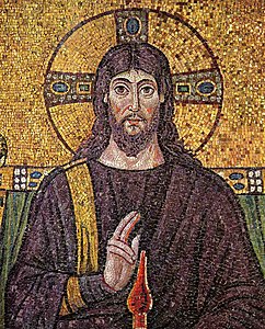 Byzantine mosaic of Jesus with his head surrounded by a halo (c. 526 AD)