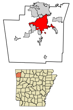 Location of Fayetteville in Washington County, Arkansas.