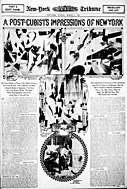 Francis Picabia, paintings published in the New York Tribune, 9 March 1913. Picabia held his first one-man show in New York, Exhibition of New York studies by Francis Picabia, at 291 art gallery (formerly Little Galleries of the Photo-Secession), March 17 - April 5, 1913
