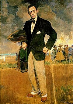 Painting of Stravinsky standing in a field holding a coat and cane