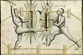 A kick used in armed combat as a means of displacing the opponent's shield in historical European martial arts (Hans Talhoffer 1459)