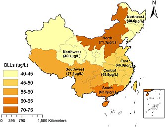 Map showing the mean blood lead levels (BLLs) of adults in China during 1980–2018.