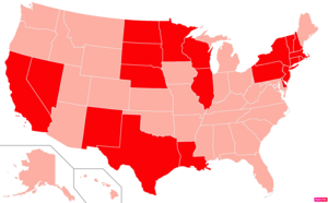 States in the United States by Catholic population according to the Pew Research Center 2014 Religious Landscape Survey.[222] States with Catholic population greater than the United States as a whole are in full red.