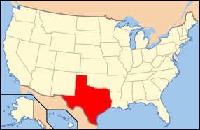 Peta Amerika Syarikat dengan nama Texas ditonjolkan