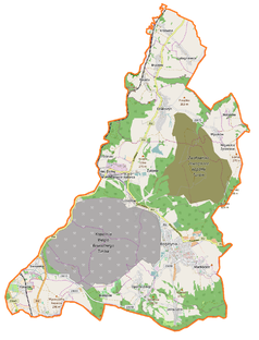 Mapa konturowa gminy Bogatynia, na dole po prawej znajduje się punkt z opisem „Pałac w Bogatyni”