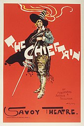 Colourful poster for The Chieftain, showing the figure of a man dressed as a flamboyant bandit with a large, peaked black hat