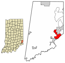Location of Lawrenceburg in Dearborn County, Indiana.