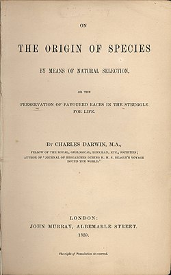 1859年の初版　On the Origin of Species by Means of Natural Selection, or the Preservation of Favoured Races in the Struggle for Life の表紙