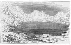 Sketch of Bitang Tso with Gipmochi in the background (Sir Richard Temple, 1881)