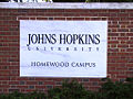 Sign in front of the Homewood campus of Johns Hopkins University