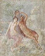 Perseus holds up Medusa's head so Andromeda may safely see its reflection in the pool below. Fresco, 1st century AD, Pompeii