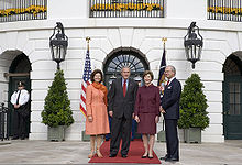President George W. Bush and Laura Bush welcome King Carl XVI Gustaf and Queen Silvia of Sweden to the White House.