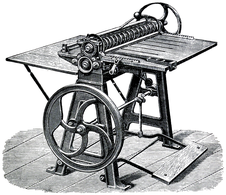 A Oscar Friedheim card cutting and scoring machine from 1889, capable of producing 100,000 visiting cards a day