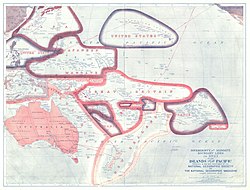 1921 National Geographic: a map showing areas of political control in the Pacific. One area is described as the "Japanese Mandate".