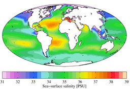世界の海表面の年間平均実用塩分（World Ocean Atlas 2009[19]）
