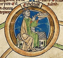 Une enluminure circulaire représentant un homme barbu coiffé d'une couronne, assis sur un bâtiment miniature et brandissant un panier dans sa main.